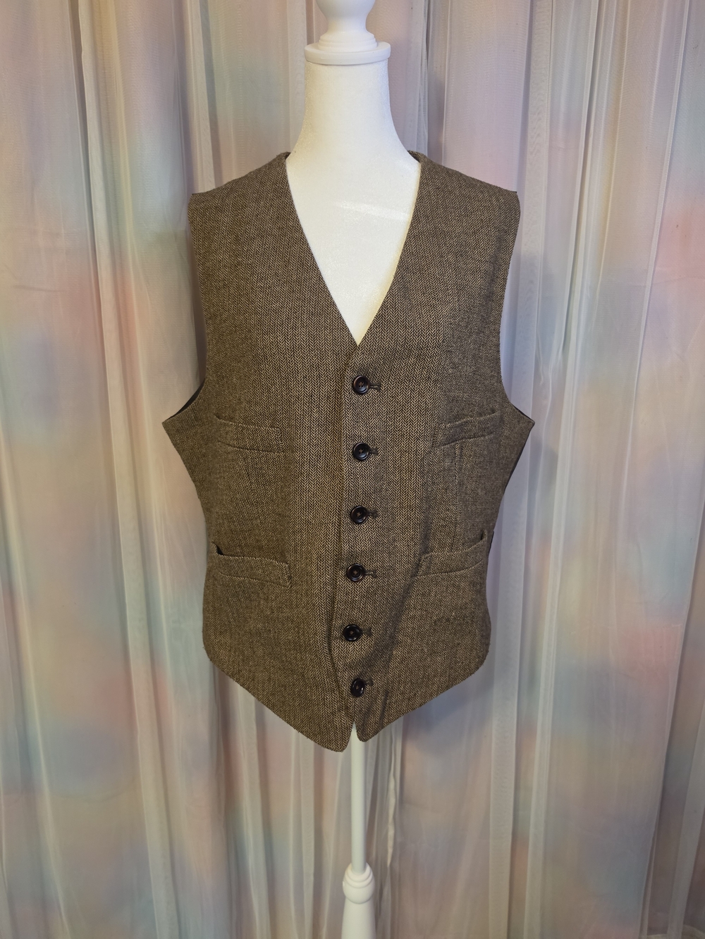 Goodfellow & Co Black Brown Chevron Tweed Button Down Waistcoat Vest Size Large